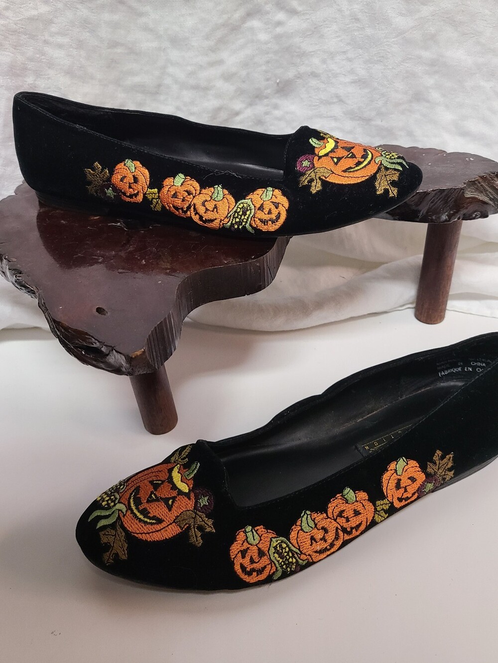 Madeline Stuart Black Velvet Pumpkin Embroidered Flats